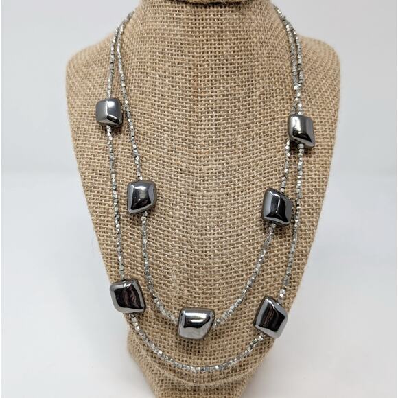 Chico's Necklace Gunmetal Silver Double Strand Beaded Statement - Picture 2 of 6